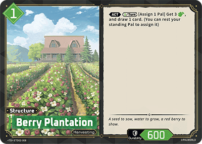 Berry Plantation (ETD02-008), green Structure card from the Palworld Card Game featured in Build from the two launch Trial Decks