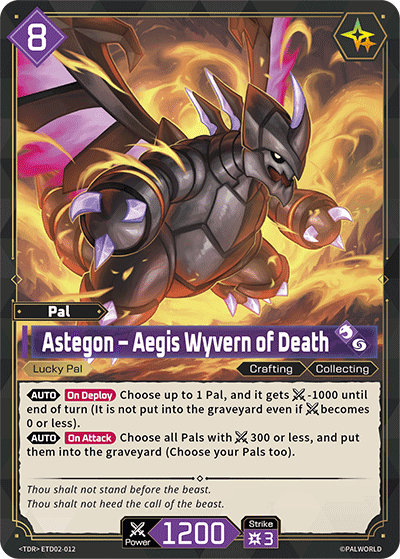 Astegon — Aegis Wyvern of Death (ETD02-012), purple Pal card from the Palworld Card Game