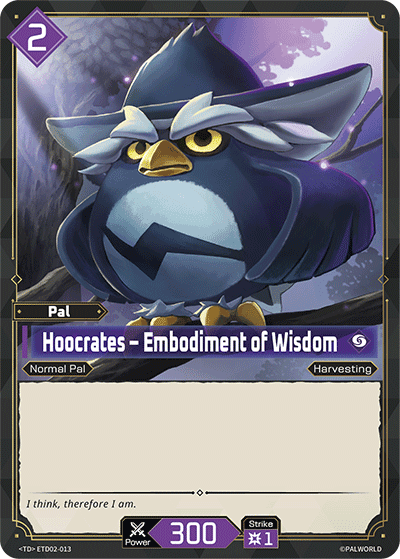 Hoocrates — Embodiment of Wisdom (ETD02-013), purple Pal card from the Palworld Card Game