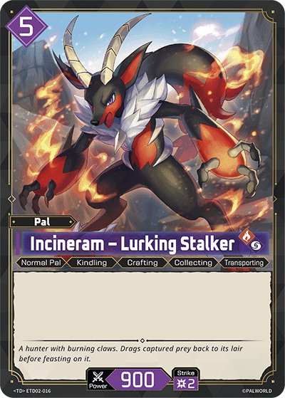 Incineram — Lurking Stalker (ETD02-016), purple Pal card from the Palworld Card Game