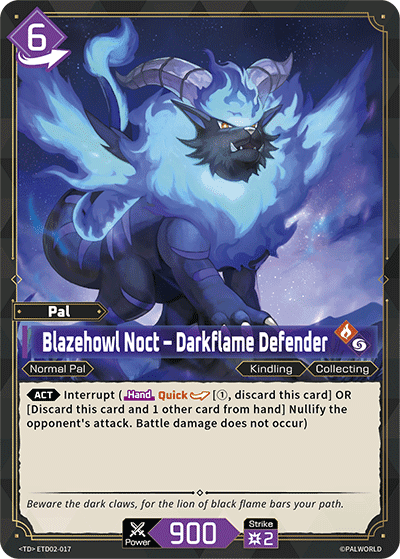 Blazehowl Noct — Darkflame Defender (ETD02-017), purple Pal card from the Palworld Card Game