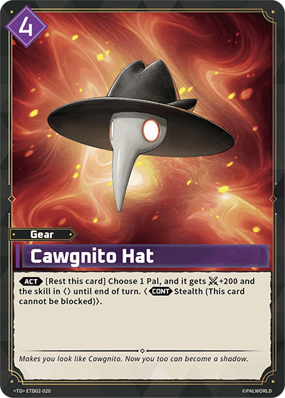 Cawgnito Hat (ETD02-020), purple Gear card from the Palworld Card Game