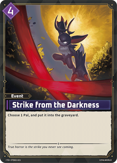 Strike from the Darkness (ETD02-021), purple Event card from the Palworld Card Game