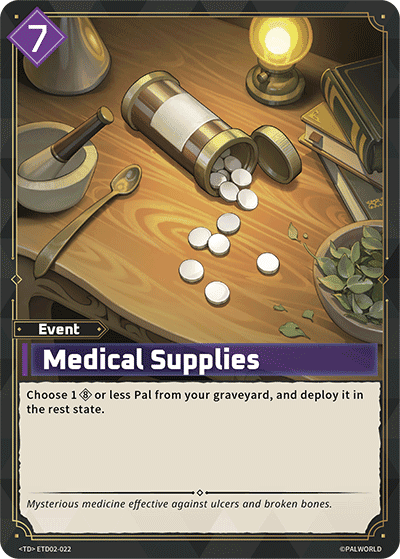 Medical Supplies (ETD02-022), purple Event card from the Palworld Card Game