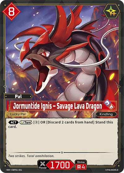 Jormuntide Ignis — Savage Lava Dragon (EBP01-001), red Pal card from the Palworld Card Game featured in Launch, organized play and the next set