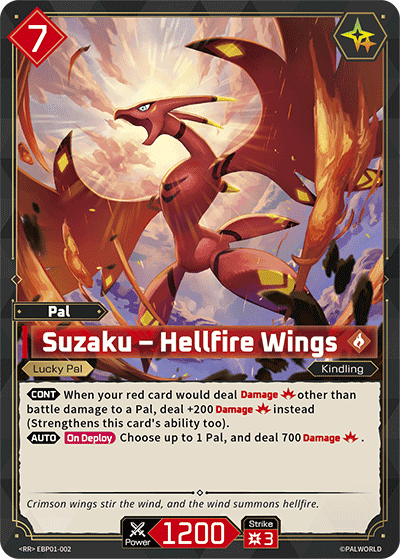 Suzaku — Hellfire Wings (EBP01-002), red Pal card from the Palworld Card Game featured in Four colors from Dawn of Palpagos