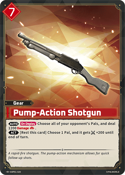 Pump-Action Shotgun (EBP01-020), red Gear card from the Palworld Card Game featured in Pals, Gear, Structures and Events