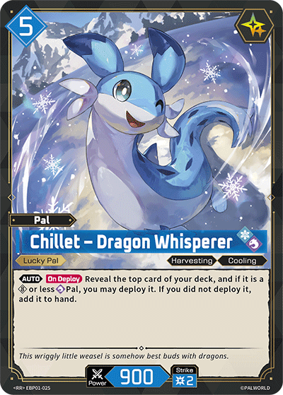 Chillet — Dragon Whisperer (EBP01-025), blue Pal card from the Palworld Card Game featured in Launch, organized play and the next set