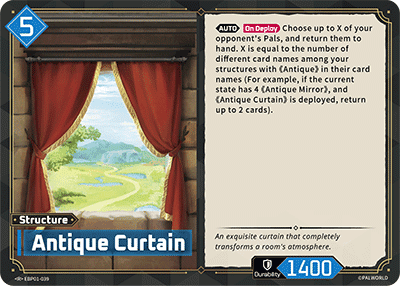 Antique Curtain (EBP01-039), blue Structure card from the Palworld Card Game featured in Pals, Gear, Structures and Events