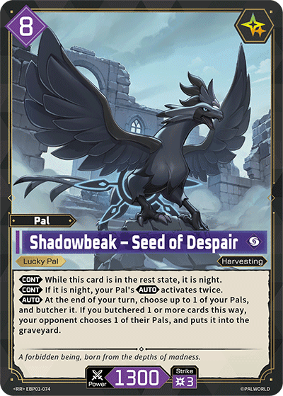 Shadowbeak — Seed of Despair (EBP01-074), purple Pal card from the Palworld Card Game featured in Launch, organized play and the next set