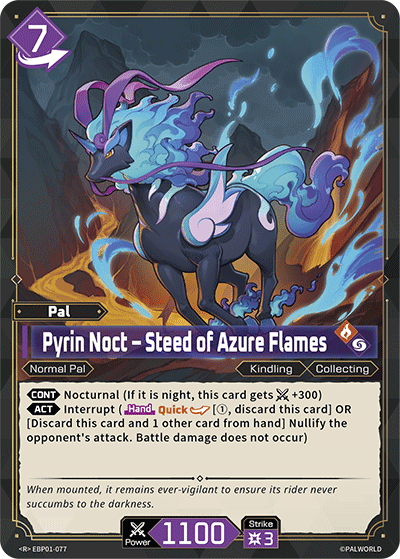 Pyrin Noct — Steed of Azure Flames (EBP01-077), purple Pal card from the Palworld Card Game featured in Quick, Interrupt, Taunt and Stealth examples