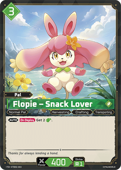 Flopie — Snack Lover (ETD02-003), green Pal card from the Palworld Card Game