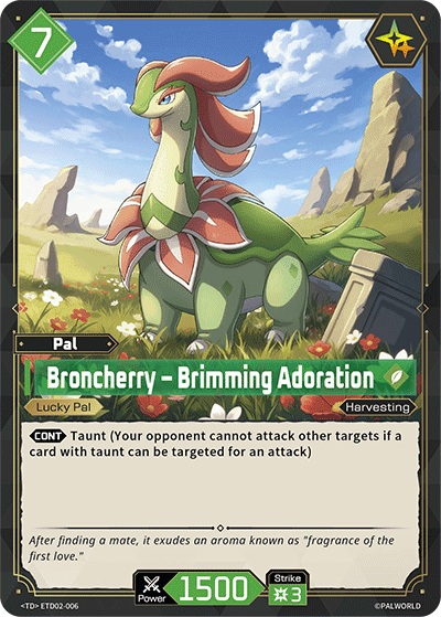 Broncherry — Brimming Adoration (ETD02-006), green Pal card from the Palworld Card Game featured in TD01 pressure versus TD02 setup