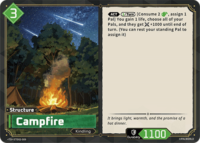 Campfire (ETD02-009), green Structure card from the Palworld Card Game