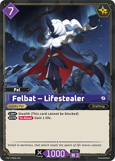 Felbat — Lifestealer (ETD02-018), purple Pal card from the Palworld Card Game featured in Quick, Interrupt, Taunt and Stealth examples