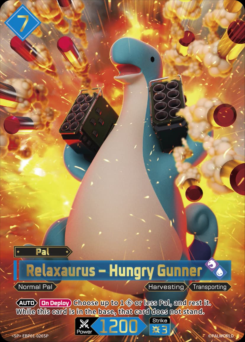 Relaxaurus — Hungry Gunner (EBP01-026), blue Pal card from the Palworld Card Game detail view