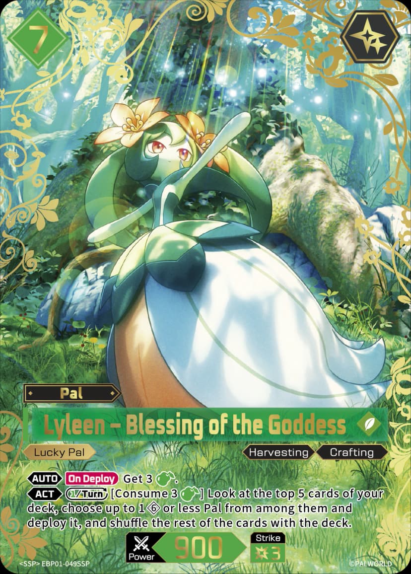 Lyleen — Blessing of the Goddess (EBP01-049), green Pal card from the Palworld Card Game detail view
