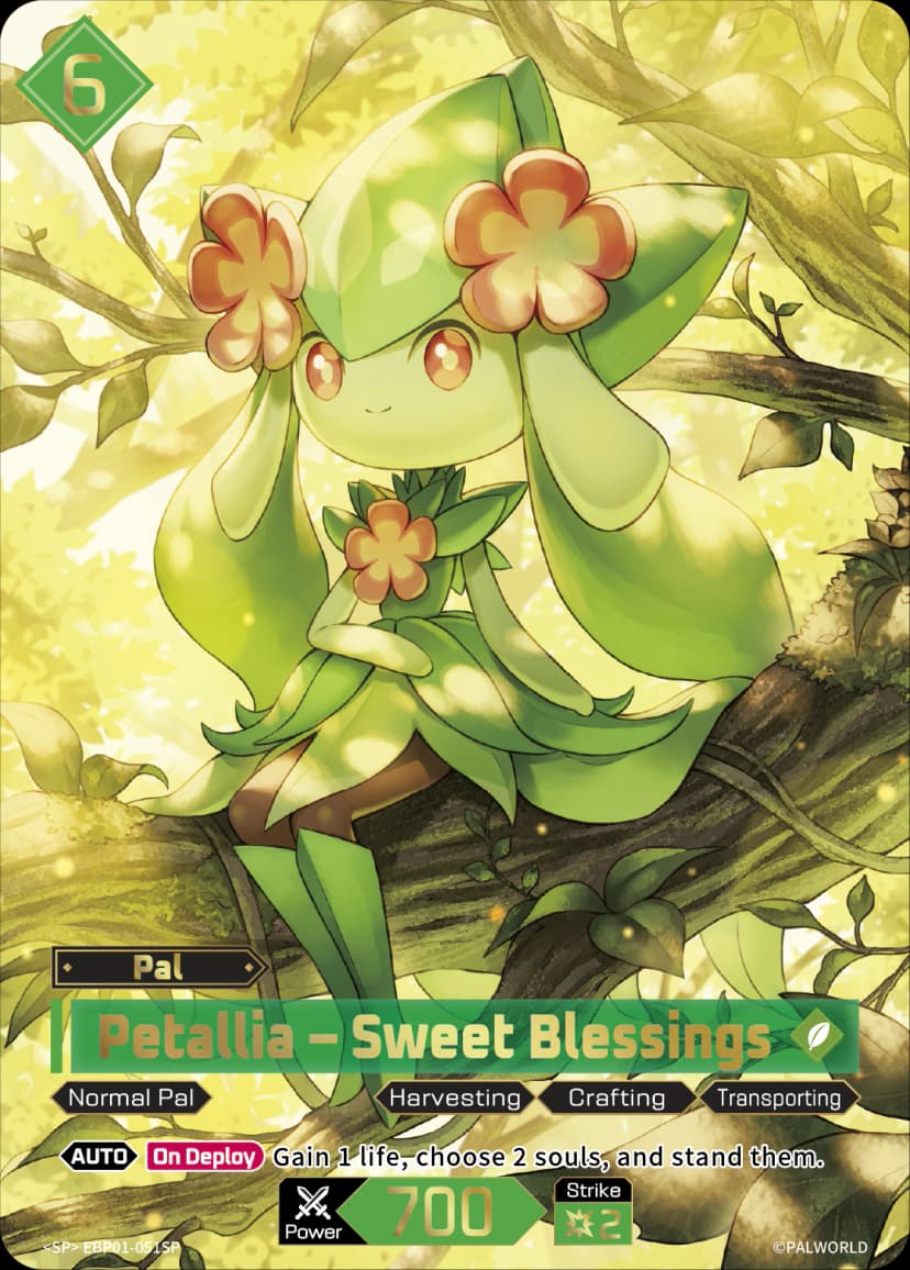 Petallia — Sweet Blessings (EBP01-051), green Pal card from the Palworld Card Game detail view