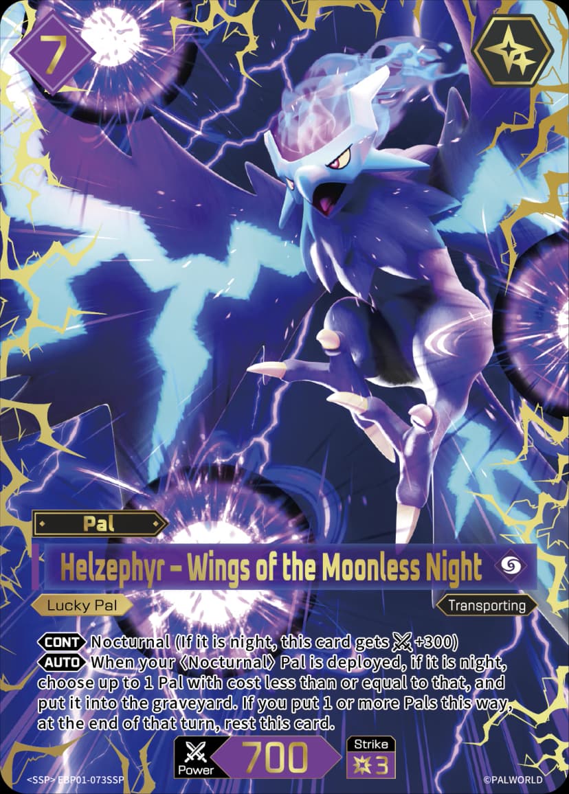 Helzephyr — Wings of the Moonless Night (EBP01-073), purple Pal card from the Palworld Card Game detail view