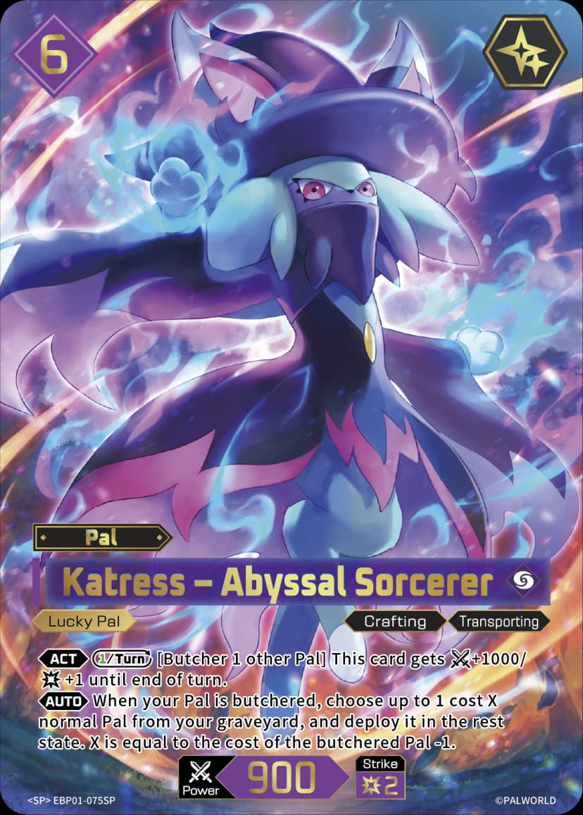 Katress — Abyssal Sorcerer (EBP01-075), purple Pal card from the Palworld Card Game detail view